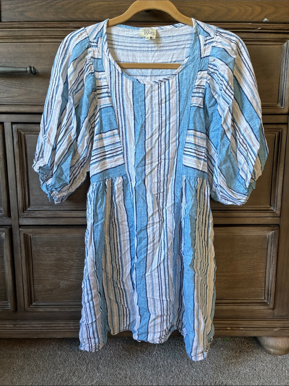 Light Blue Striped Girls' Dress with Puff Sleeves